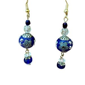 Vintage Blue Dangle Earrings with Silver Design Around Beads & Crystal Accents